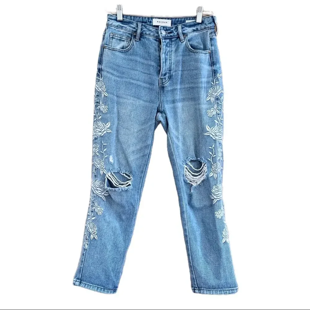 PacSun Distressed Embroidered High Rise Mom Jeans - Picture 3 of 9